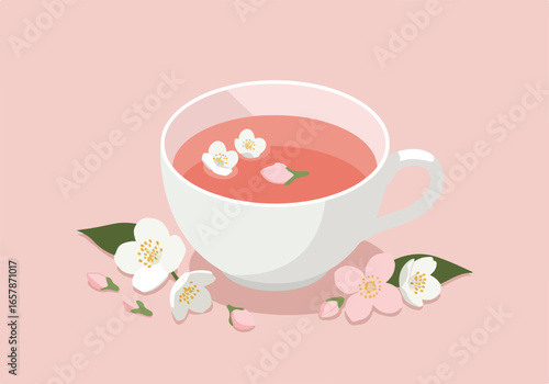 Tea cup with flower blooms floating in it against a solid pink backdrop for wellness use