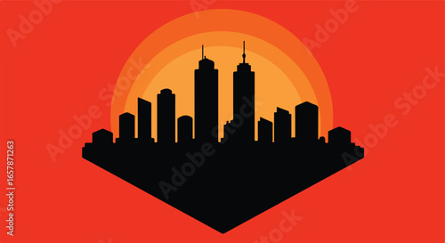 City silhouette atop shape, rising sun behind the buildings, background use
