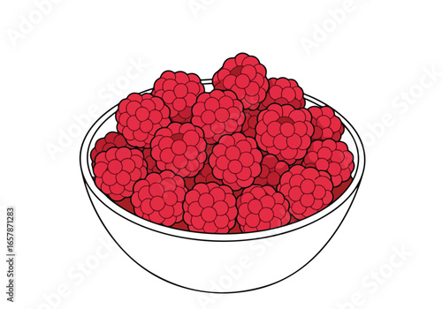Raspberries overflowing bowl on white; use as a recipe graphic, background is plain