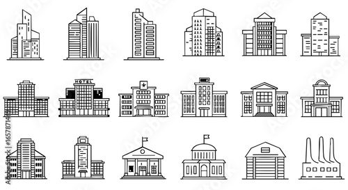 Black and white city buildings flat icon set vector isolated