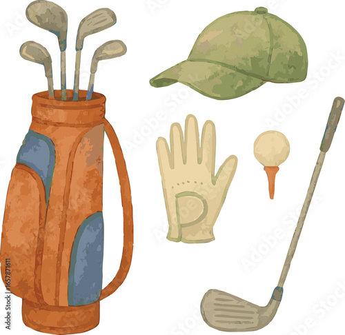 Collection of watercolor painted golf stuff