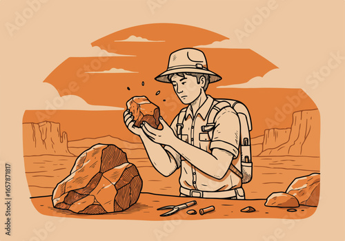Geologist examines rock formation in desert landscape for study or exploration