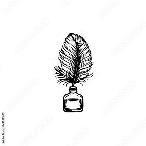 Elegant black vector of a feather quill in an ink bottle, representing classic writing tools and vintage literature