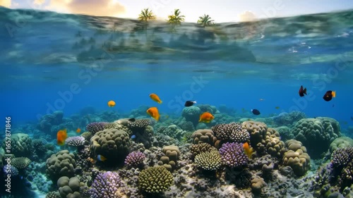 Stunning tropical island paradise with coral reef under water view at sunrise