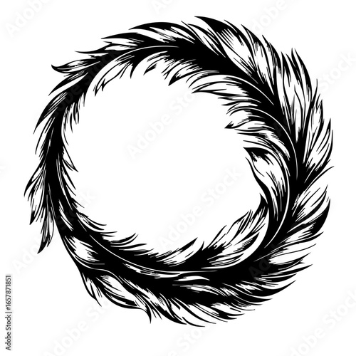 Circular design composed of intricate black feather patterns creating a stylish, elegant motif for decoration or branding