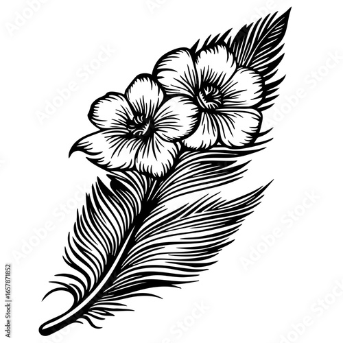 Floral design featuring two flowers and a feather-like leaf, perfect for decorative and artistic uses