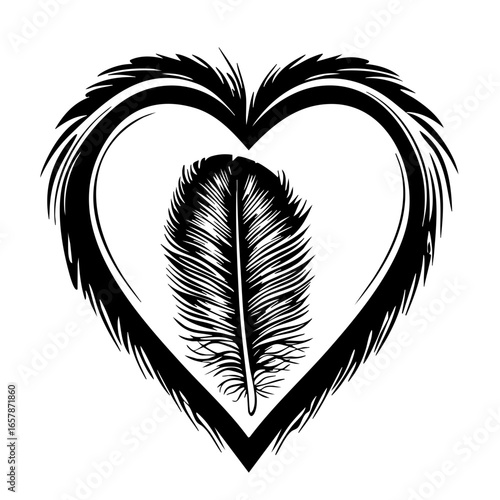 Heart design featuring a feather in the center, showcasing intricate line work and artistic flair with bold black vectors