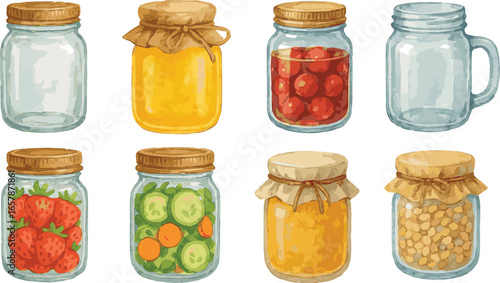Collection of watercolor painted masong jars with various foods in them