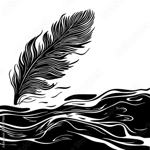 Elegant black feather gracefully floating above flowing water with intricate details and smooth lines