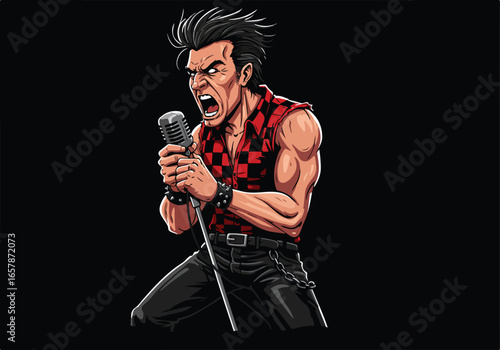 Animated singer performs with microphone on stage. Isolated for illustration