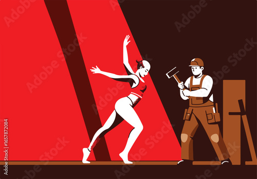 Stage Scene Dancer Moves as Carpenter Works, Spotlights Shine, Possible Metaphor