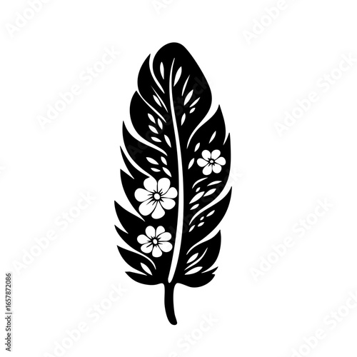 Decorative black vector feather with floral elements showcasing intricate designs and natural beauty