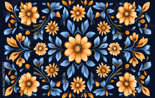 Vibrant floral pattern features orange and blue flowers with intricate leaves on dark background, creating striking contrast. symmetrical design exudes elegance and charm