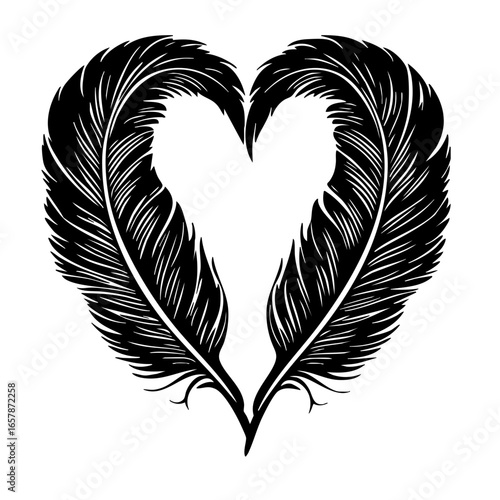 Two intricately designed black feathers forming a heart shape, symbolizing love and nature