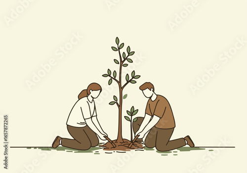 People planting trees in the dirt, illustrating environmental conservation concept