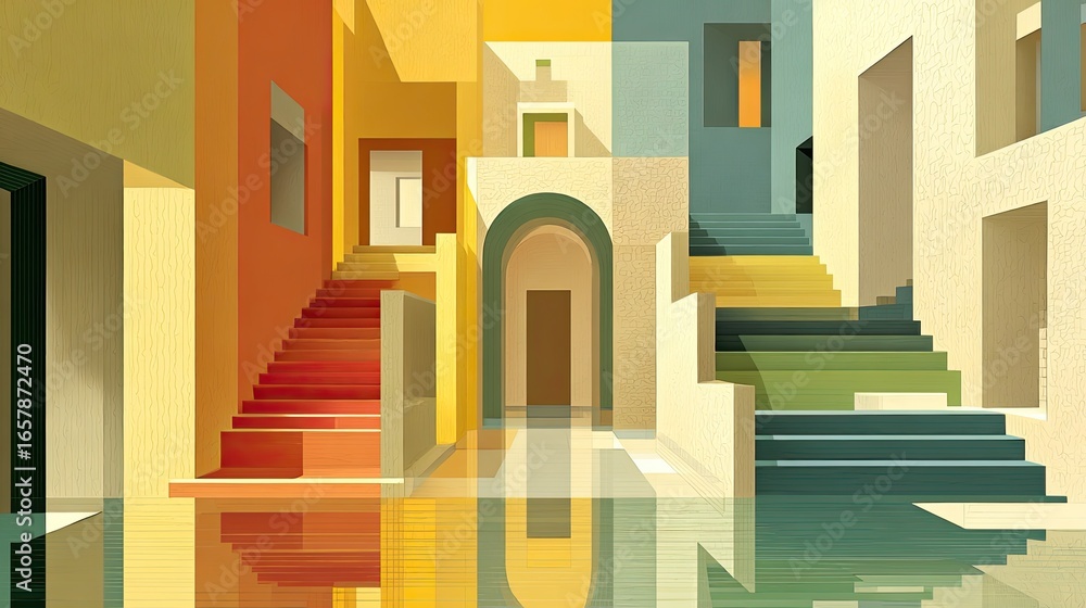 Fototapeta premium Colorful, abstract architectural interior with vibrant colors and reflecting floor