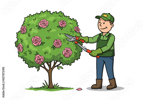 Cartoon gardener pruning a rose bush in yard, use for gardening education