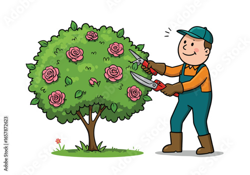 Cartoon Gardener Pruning a Rose Bush with Secateurs in a Garden Setting