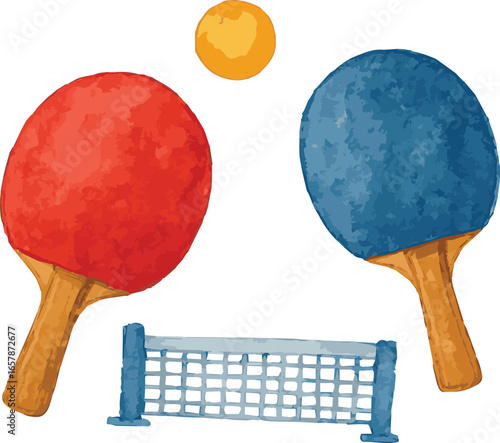 Collection of watercolor painted table tennis stuff