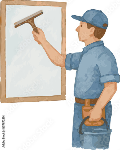 Watercolor vector painted window cleaning man