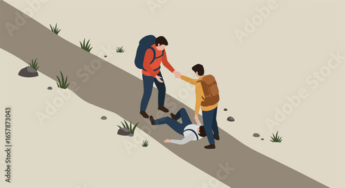 Hiking Trail Helping injured hiker on rocky hillside path with grassy background