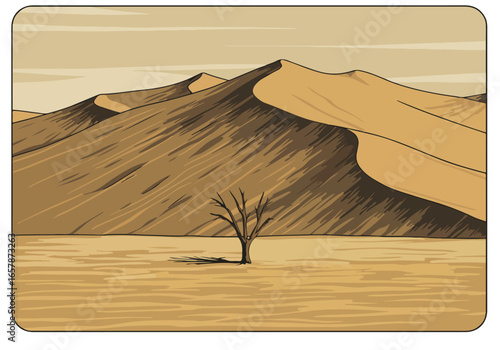 Solitary tree stands against towering sand dunes with a sky of faint clouds