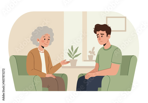 Man talking to therapist during counseling session with potted plants in background