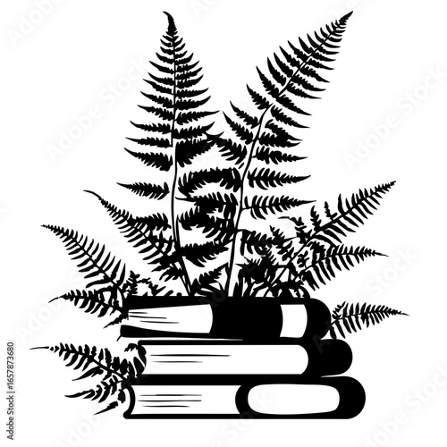 Layers of books adorned with delicate ferns showcase a unique blend of nature and knowledge in a captivating composition