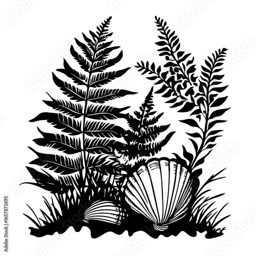 Intricate black vector illustration of ferns and seashells in a natural coastal setting at dusk