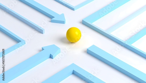 A simple, light-blue maze, with a single, bright yellow sphere, highlights the concept of decision-making and choices.