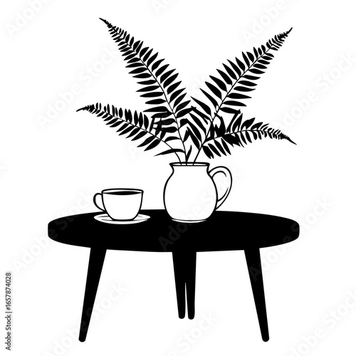 Stylish black vector of a table with a teacup and pitcher featuring ferns, suitable for home decor and illustrations