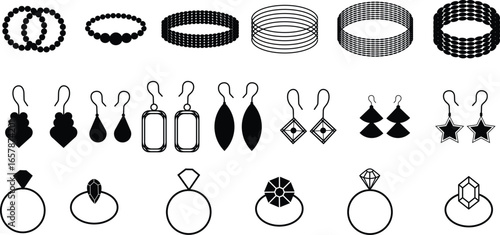Jewelry icon set with bracelets, bangles earrings, and rings in flat black solid and outline line style vector illustration for fashion, beauty, luxury, accessory and ecommerce design