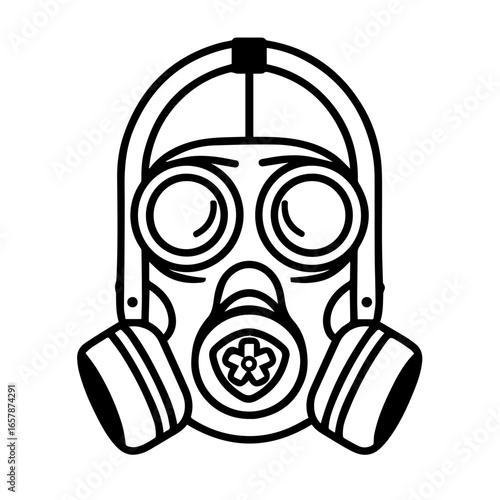 Gas mask design featuring round lenses and dual filters for protection in hazardous environments