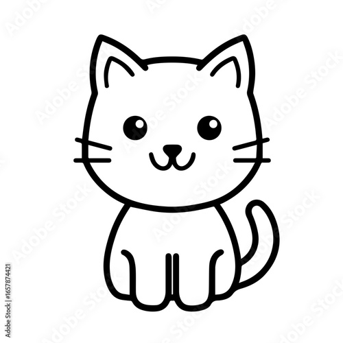 Cute cartoon cat illustration features a smiling feline with large eyes, perked ears, and a playful demeanor, perfect for creative projects