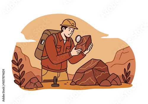 Cartoon geologist examines rock with magnifier in desert, using it for research