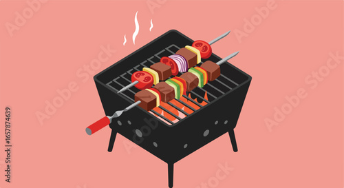 Skewers cooking on a smoky outdoor grill. Illustration for BBQ recipe or summer picnic