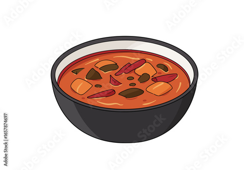 Illustration of spicy stew in a bowl on a white background for food blogs