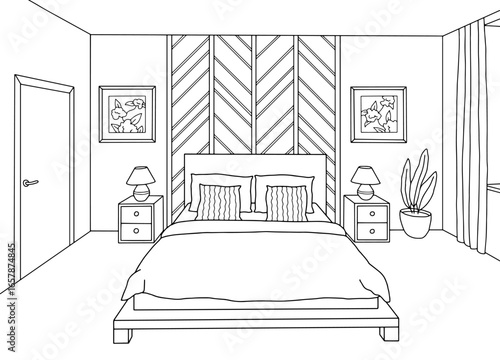 Bedroom graphic black white home interior sketch illustration vector 