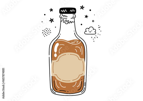Hand-drawn style bottle with liquid and bubbles inside