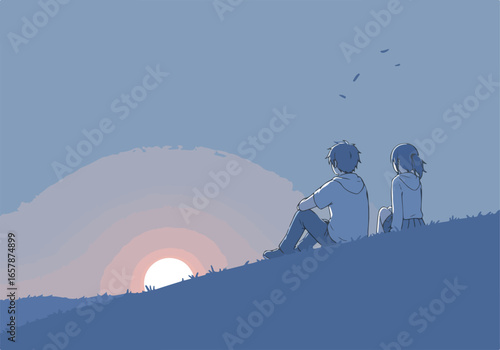 Couple sits, watching sun rise over hills; for book cover, blog post or greeting card