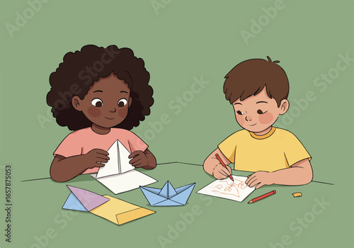 Two kids at table doing art with paper folding and drawing on flat green back