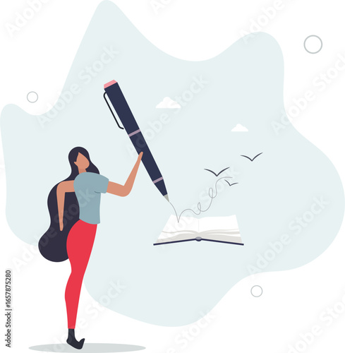 artist writing with author inspirational and motivational text for publication.flat vector illustration.human life.
