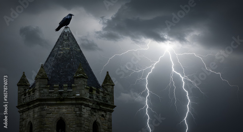 Stormy Gothic Scene with Raven on Stone Tower png