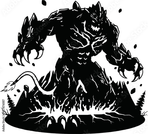 A powerful, monstrous figure erupts from a volcanic crater, showcasing raw strength and aggression.