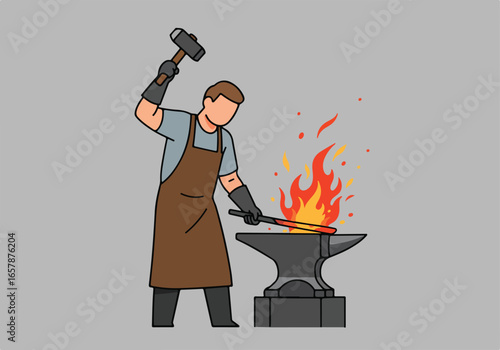 Blacksmith hammering red-hot iron on anvil; fire in background. Art asset