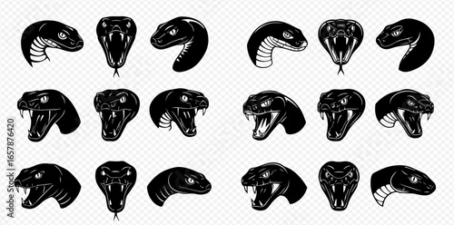 A collection of eighteen black snake head illustrations in various aggressive poses and angles on a transparent background.
