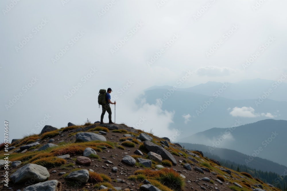 Obraz premium Hiker Ascending Mountain Trail