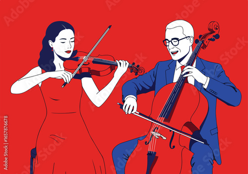 Musicians playing violin & cello against a red background; concert performance