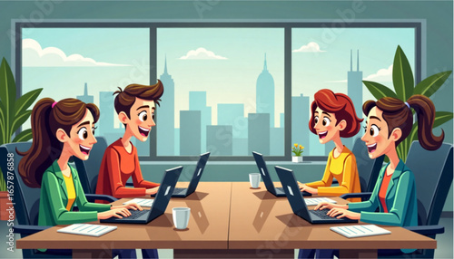 Enthusiastic team of young professionals collaborating with laptops in vibrant office environment