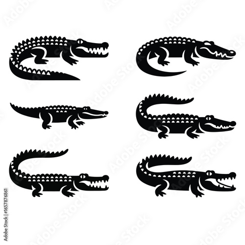 Black and white vector bundle of crocodile and alligator icons including side view, face, baby, swimming, head, and jaws
